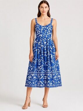 ANTONIO MELANI Blue and White Floral Scalloped Midi Dress